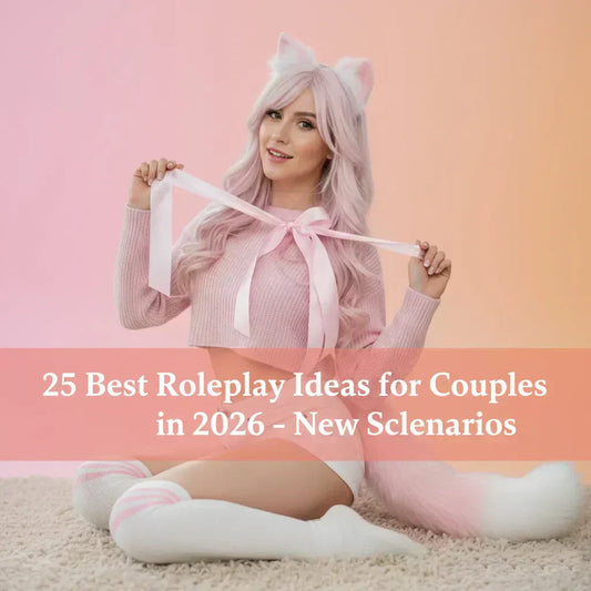 Person with pink hair and cat ears holding a white bow against a pink background, with text about roleplay ideas for couples in 2026.