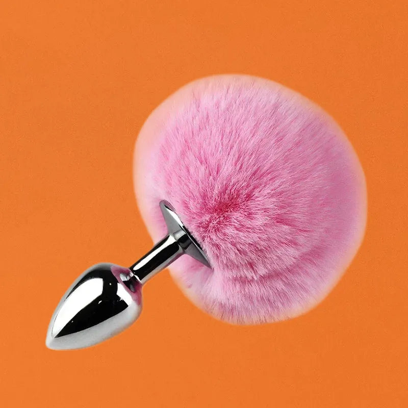 Pink bunny tail butt plug from faux fur collection
