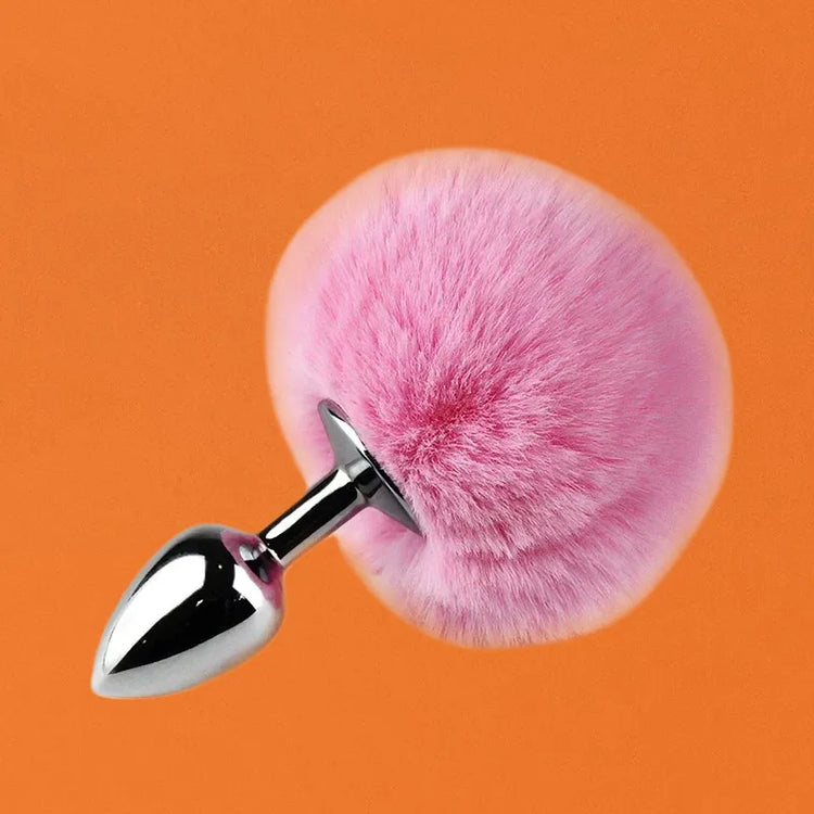 Pink bunny tail butt plug from faux fur collection