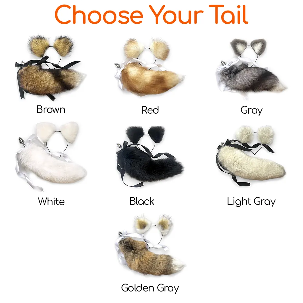 A product options chart titled 'Choose Your Tail' showing nine faux-fur animal-style tail accessories in different colors, each labeled Brown, Red, Gray, White, Black, Light Gray, Golden Gray, on a white background.