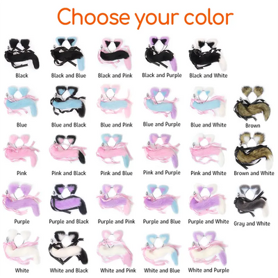 A color selection chart showing multiple faux fur tail butt plug styles labeled with color combinations such as Black, Blue, Pink, Purple, Brown, Gray, and White, with the heading 'Choose your color' at the top.