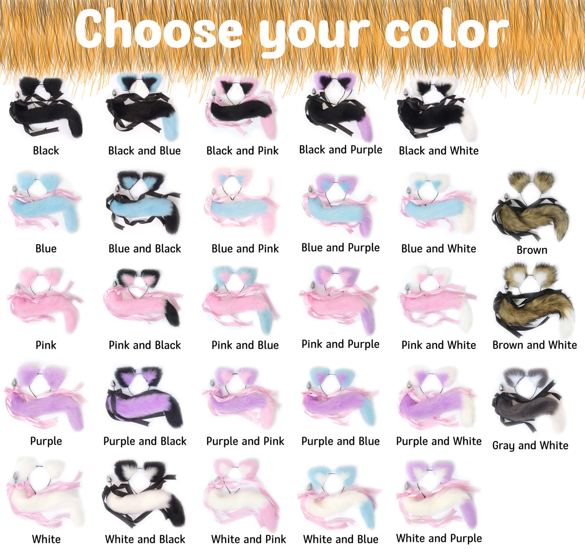Banner with faux fur cat tail butt plug set, including a detachable metal butt plug with a pink ribbon.