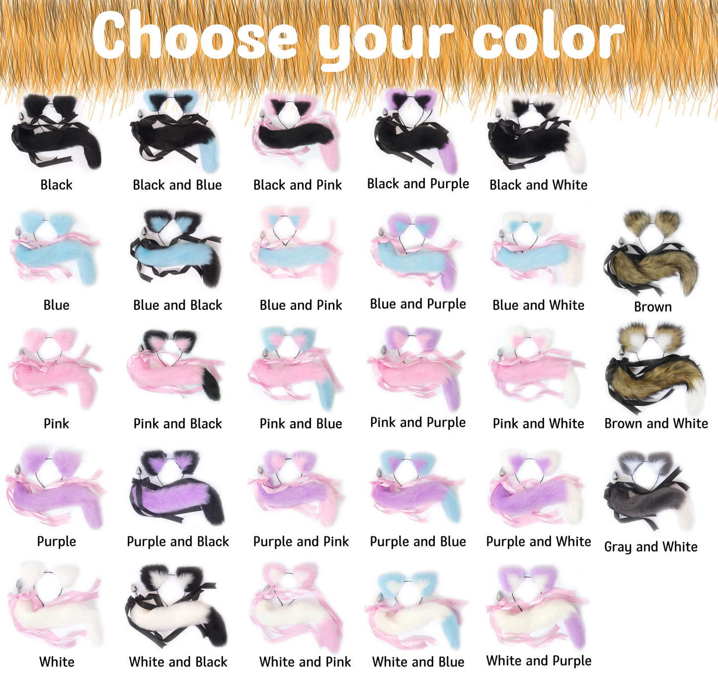 Banner with faux fur cat tail butt plug set, including a detachable metal butt plug with a pink ribbon.