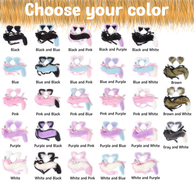 Banner with faux fur cat tail butt plug set, including a detachable metal butt plug with a pink ribbon.
