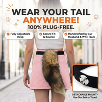 A woman shown from the back wearing a pink skirt and white top, with a brown and black faux-fur tail accessory attached to a black belt. Large promotional text reads 'WEAR YOUR TAIL ANYWHERE! 100% PLUG-FREE.