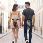 A man and a woman walking away on a cobblestone street, each wearing a realistic faux fur animal tail attached to their waistbands. The woman's tail is brown and black, and the man's tail is gray and white.