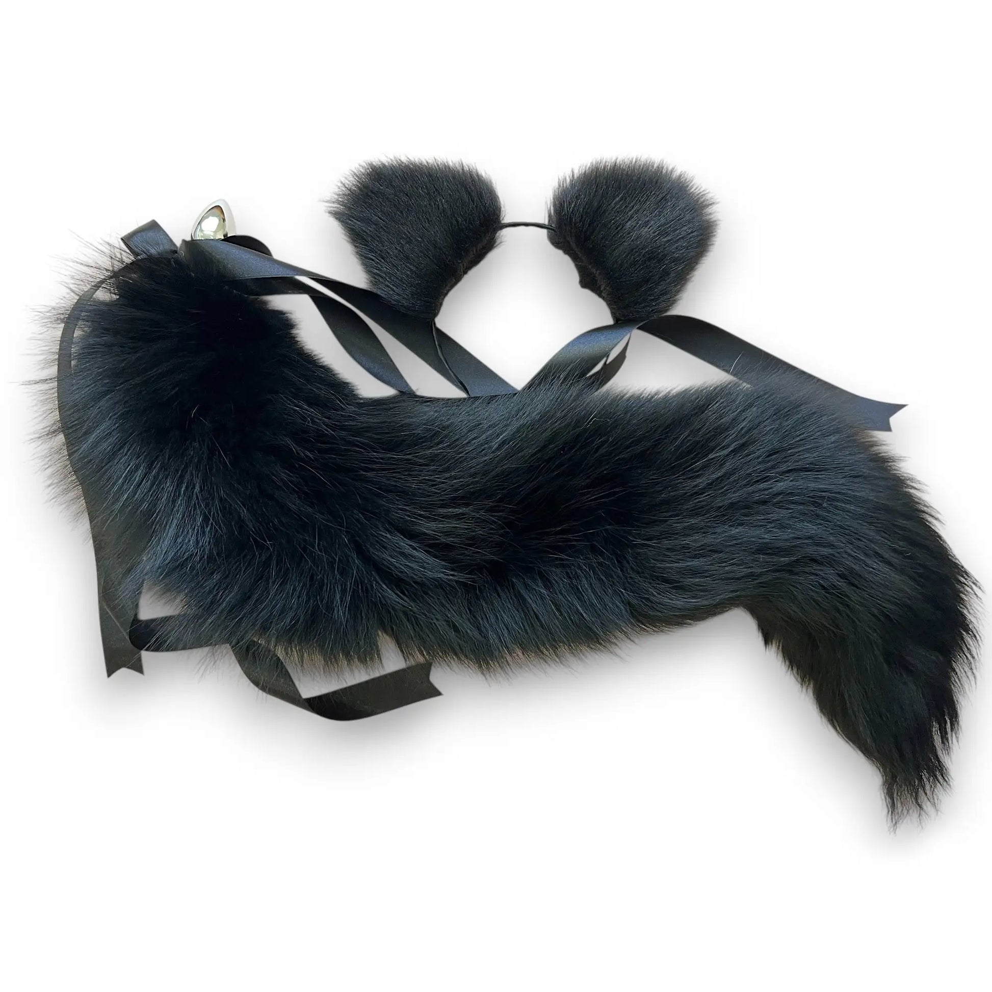 Long Black fox tail butt plug and ears set, real fur, 28 inch, detachable stainless steel plug, luxury pet play cosplay accessory by OhMyBP™