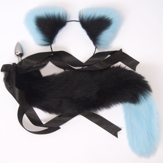 OhMyBP™ Black and Blue Cat Tail Butt Plug 20 in (50 cm) - DDLG Set