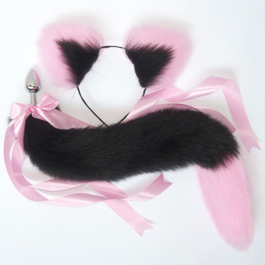 OhMyBP™ Black and Pink Cat Tail Butt Plug 20 in (50 cm) - DDLG Set