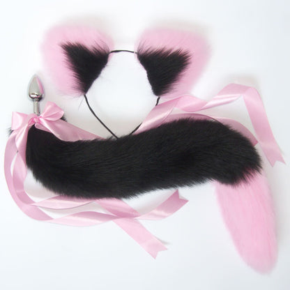 White and Pink Cat Tail & Ears Set (20" Tail) - Detachable Butt Plug