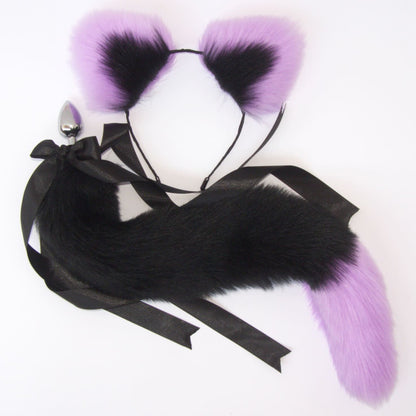 White and Pink Cat Tail & Ears Set (20" Tail) - Detachable Butt Plug