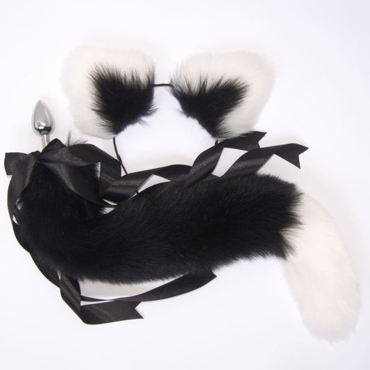 OhMyBP™ Black and White Cat Tail Butt Plug 20 in (50 cm) - DDLG Set