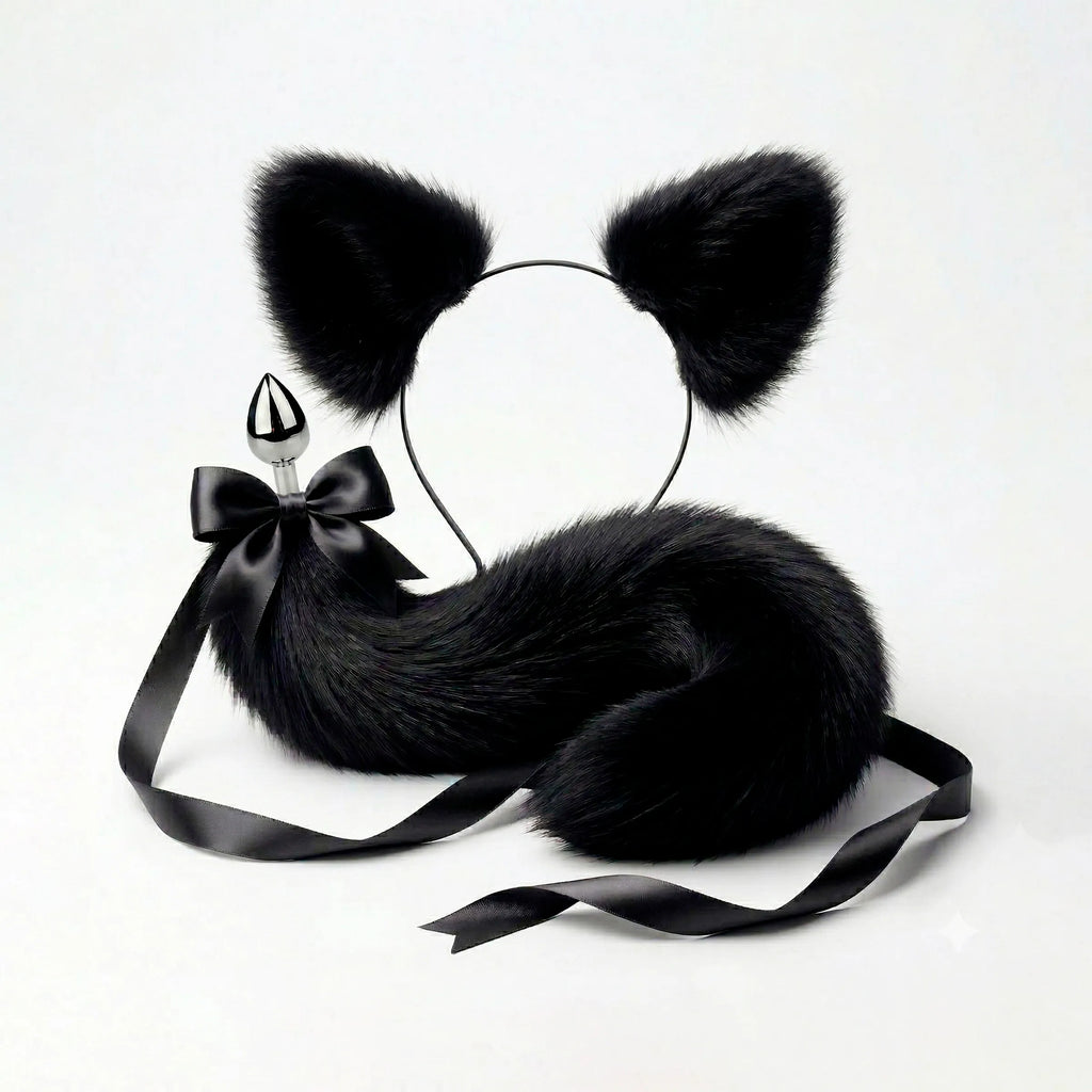 Furry faux fur  black cat tail butt plug and ears with a bow on a white background