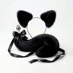 Furry faux fur  black cat tail butt plug and ears with a bow on a white background