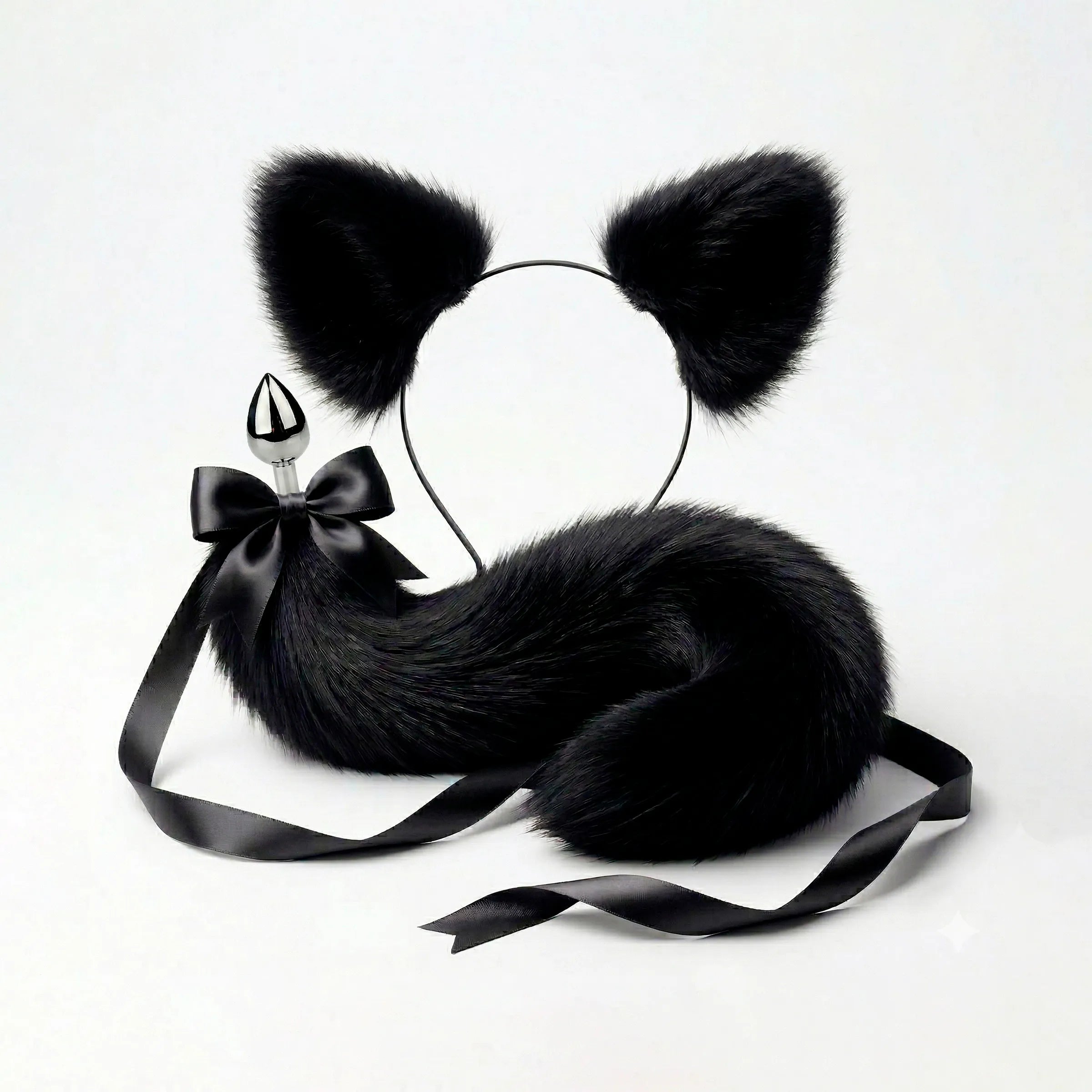 Furry faux fur  black cat tail butt plug and ears with a bow on a white background