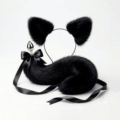 Furry faux fur  black cat tail butt plug and ears with a bow on a white background