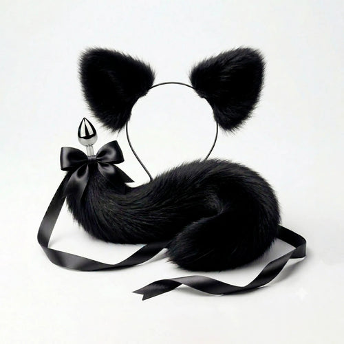 Furry faux fur  black cat tail butt plug and ears with a bow on a white background