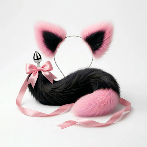 Furry faux fur black and pink cat tail butt plug and ears with a bow on a white background