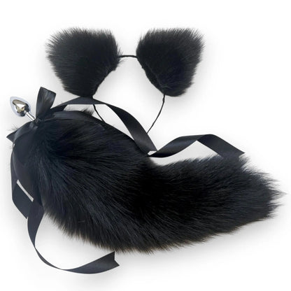 Natural black fox fur tail plug and ears set with white tip and detachable metal butt plug