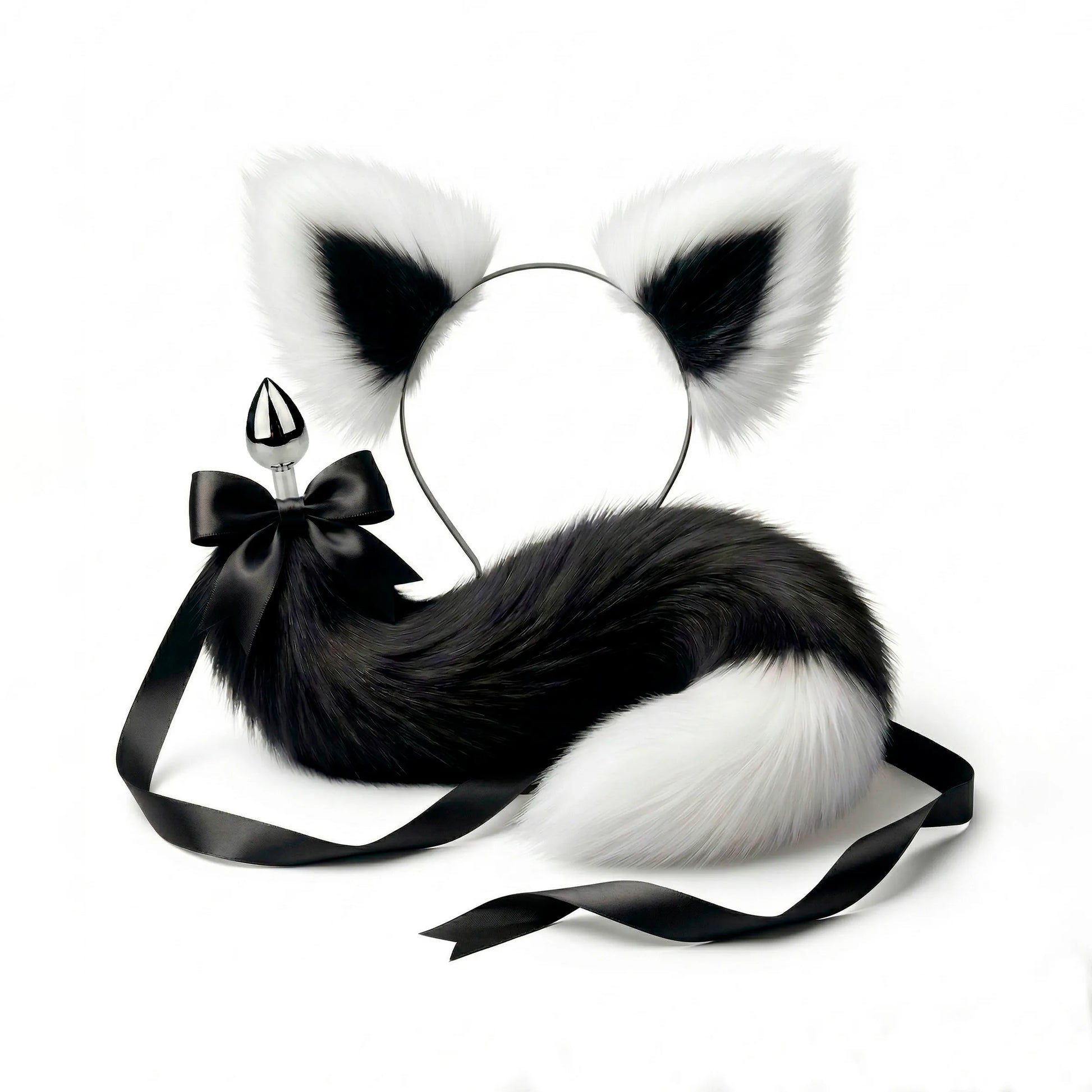 Furry faux fur black and white cat tail butt plug and ears with a bow on a white background