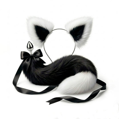 Furry faux fur black and white cat tail butt plug and ears with a bow on a white background