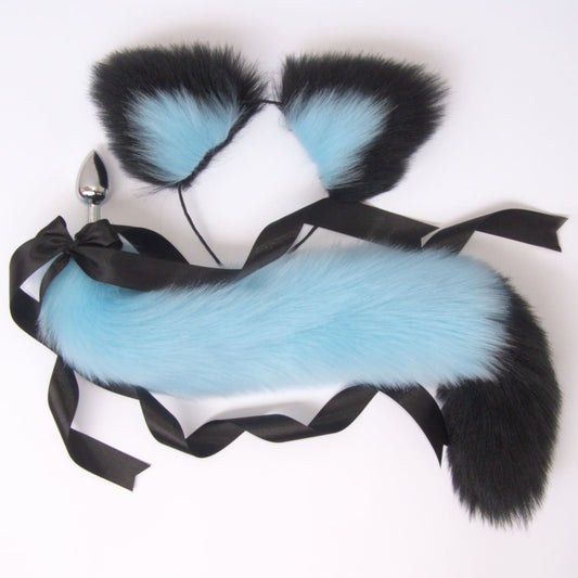 OhMyBP™ Blue and Black Cat Tail Butt Plug 20 in (50 cm) - DDLG Set