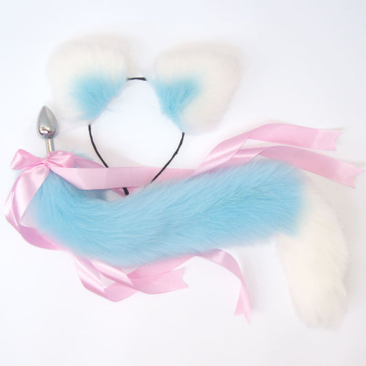 OhMyBP™ Blue and White Cat Tail Butt Plug 20 in (50 cm) - DDLG Set