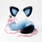 Furry faux fur blue and black cat tail butt plug and ears with a bow on a white background
