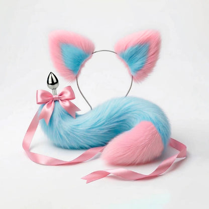 Furry faux fur blue and pink cat tail butt plug and ears with a bow on a white background