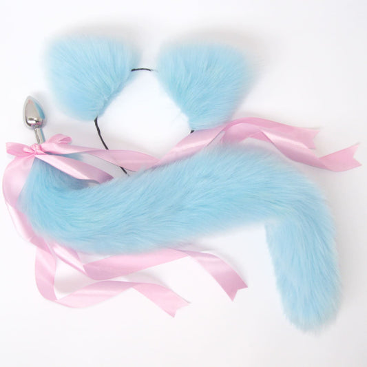 OhMyBP™ Blue and White Cat Tail Butt Plug 20 in (50 cm) - DDLG Set