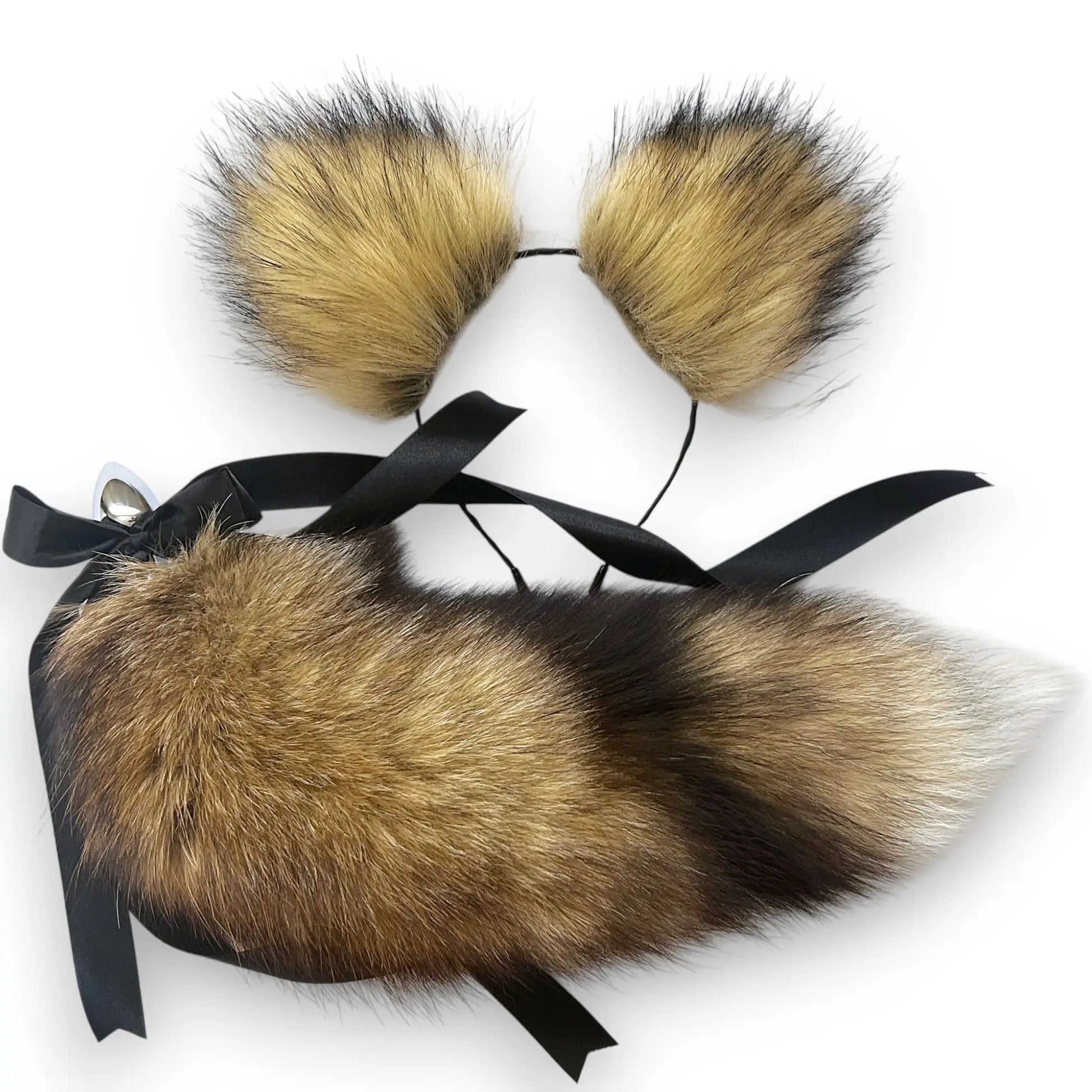 Natural brown fur puppy tail plug and ears set with white tip and detachable metal butt plug