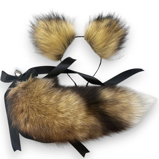 Natural brown fur puppy tail plug and ears set with white tip and detachable metal butt plug