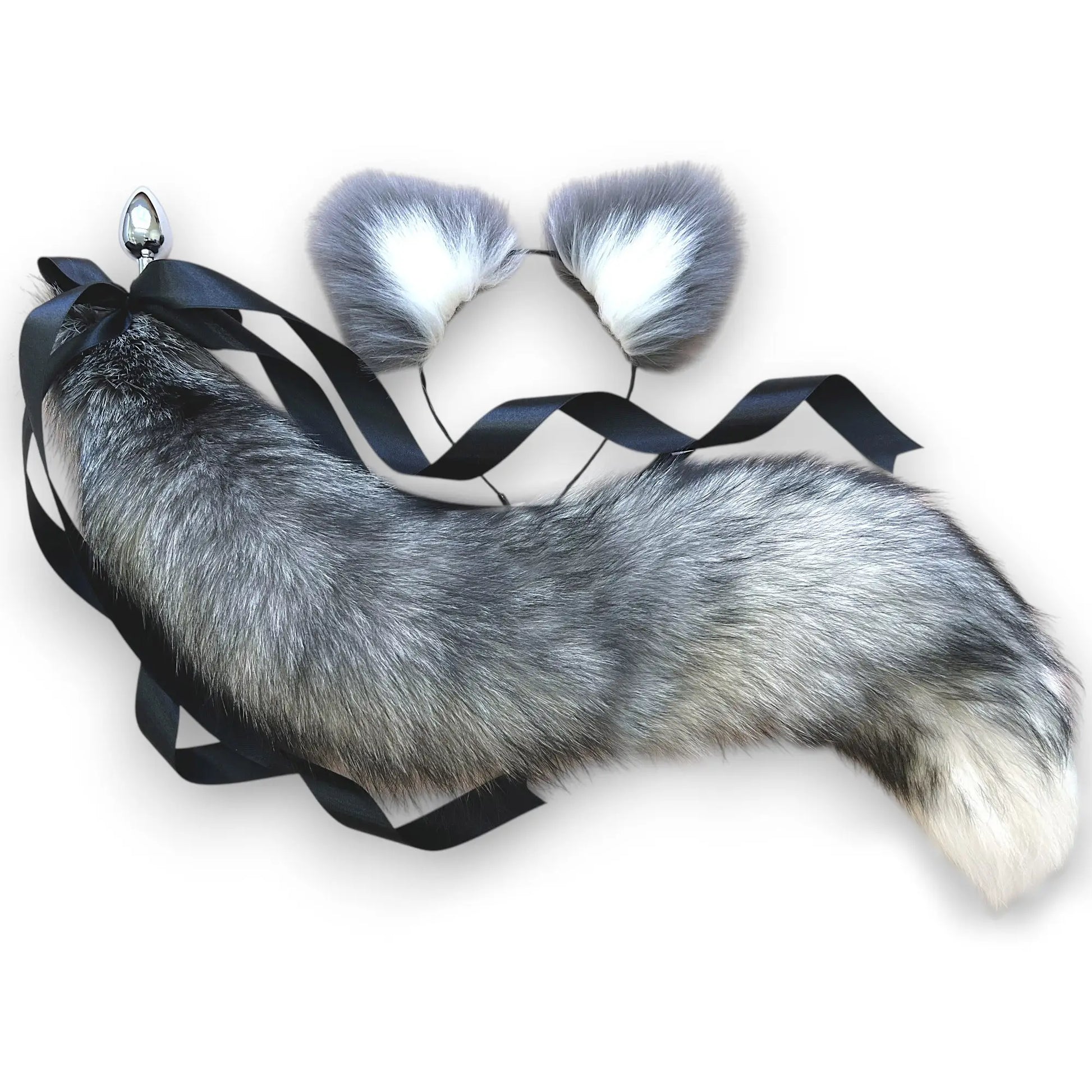 Long Gray fox tail butt plug and ears set, real fur, 28 inch, detachable stainless steel plug, luxury pet play cosplay accessory by OhMyBP™