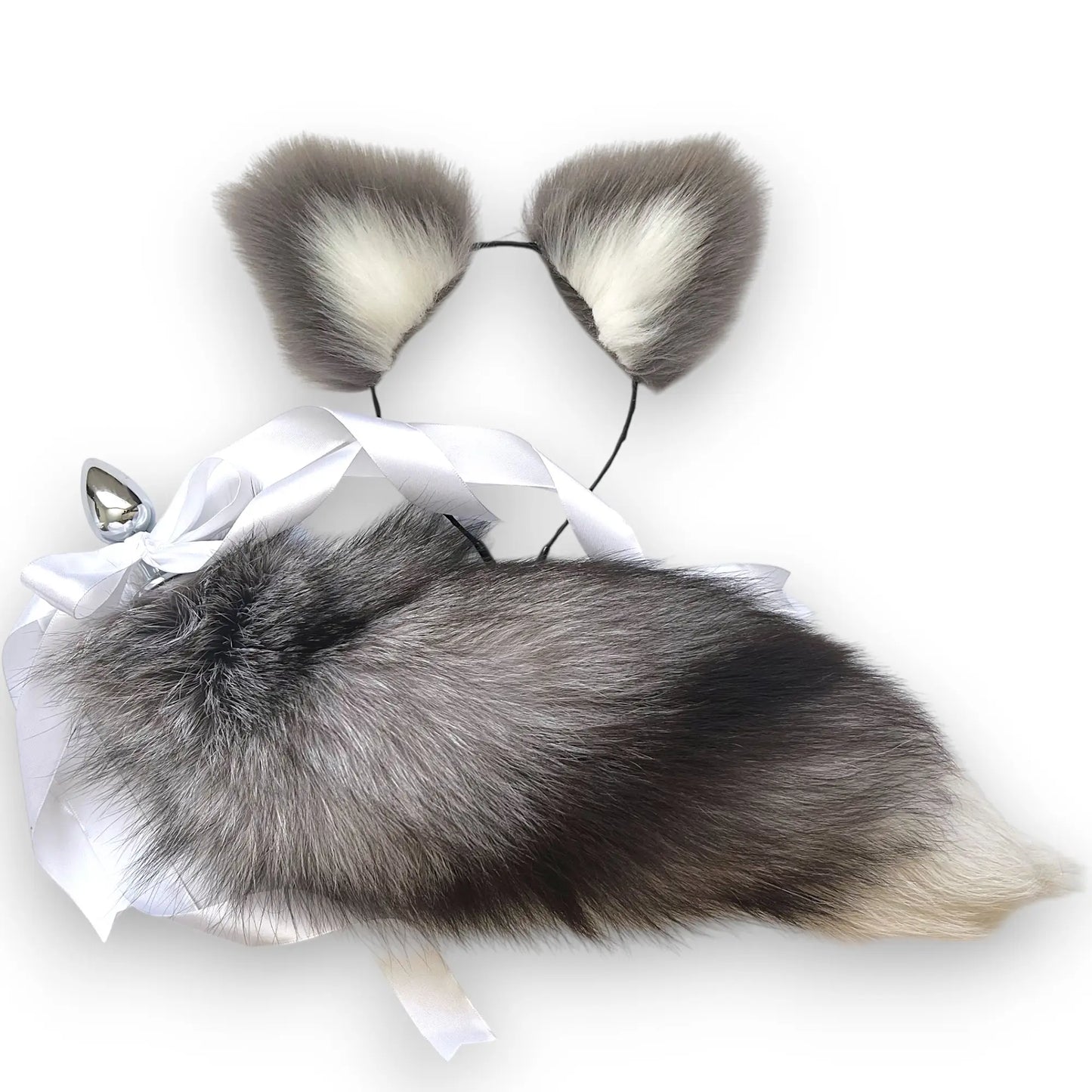 Natural gray wolf fur tail plug and ears set with detachable stainless steel butt plug