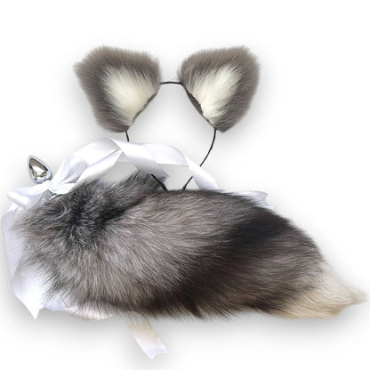 Natural gray wolf fur tail plug and ears set with detachable stainless steel butt plug