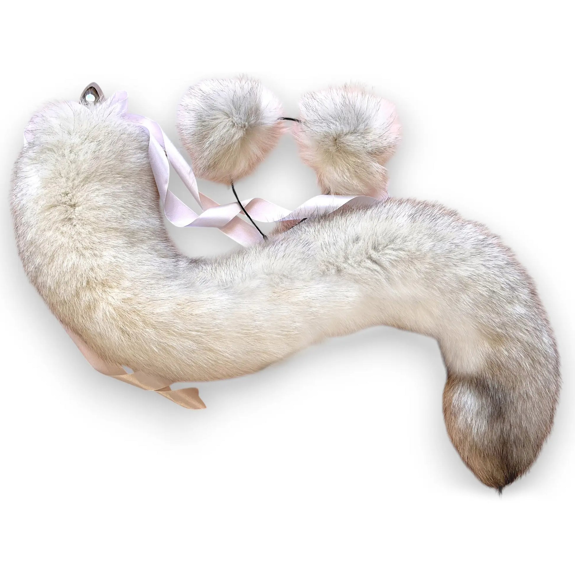 Long Light Gray fox tail butt plug and ears set, real fur, 28 inch, detachable stainless steel plug, luxury pet play cosplay accessory by OhMyBP™