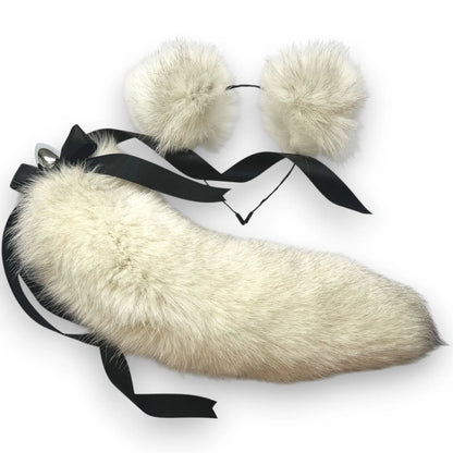 Natural light gray fox fur tail plug and ears set with white tip and detachable metal butt plug