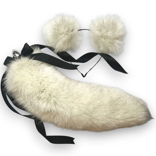 Natural light gray fox fur tail plug and ears set with white tip and detachable metal butt plug