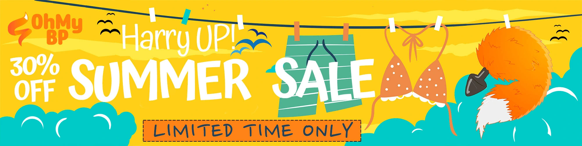 Summer sale banner OhMyBP with beach-themed graphics and text