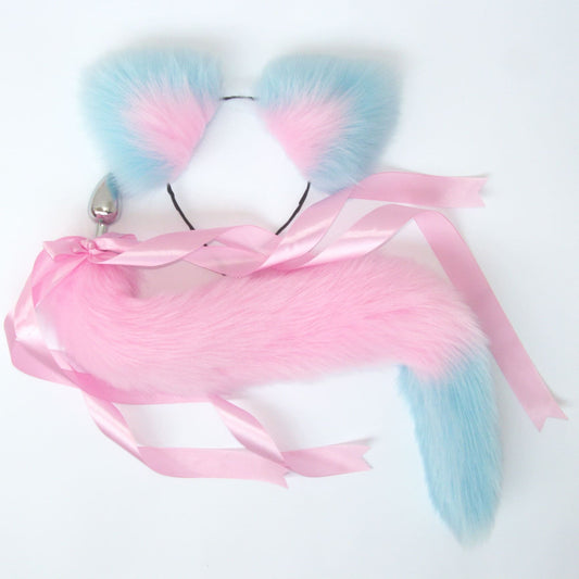 OhMyBP™ Pink and Blue Cat Tail Butt Plug 20 in (50 cm) - DDLG Set