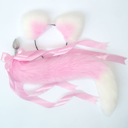 OhMyBP™ Pink and White Cat Tail Butt Plug 20 in (50 cm) - DDLG Set