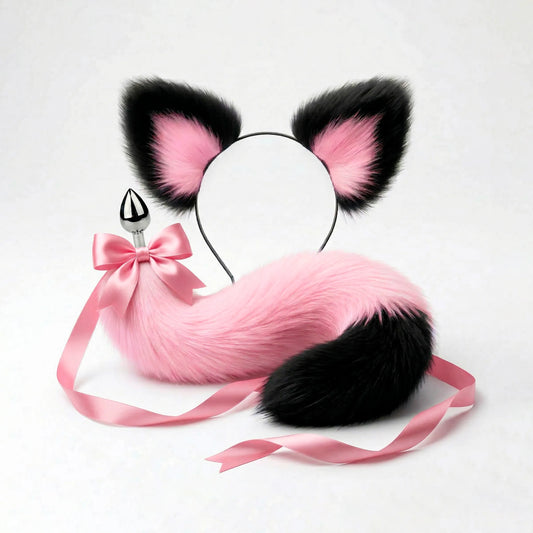 Furry faux fur pink and black cat tail butt plug and ears with a bow on a white background