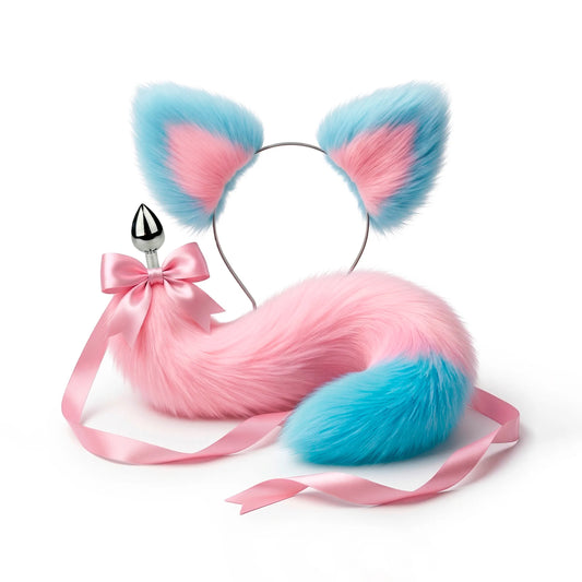 Furry faux fur pink and blue cat tail butt plug and ears with a bow on a white background