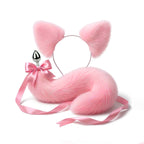 Furry faux fur pink cat tail butt plug and ears with a bow on a white background