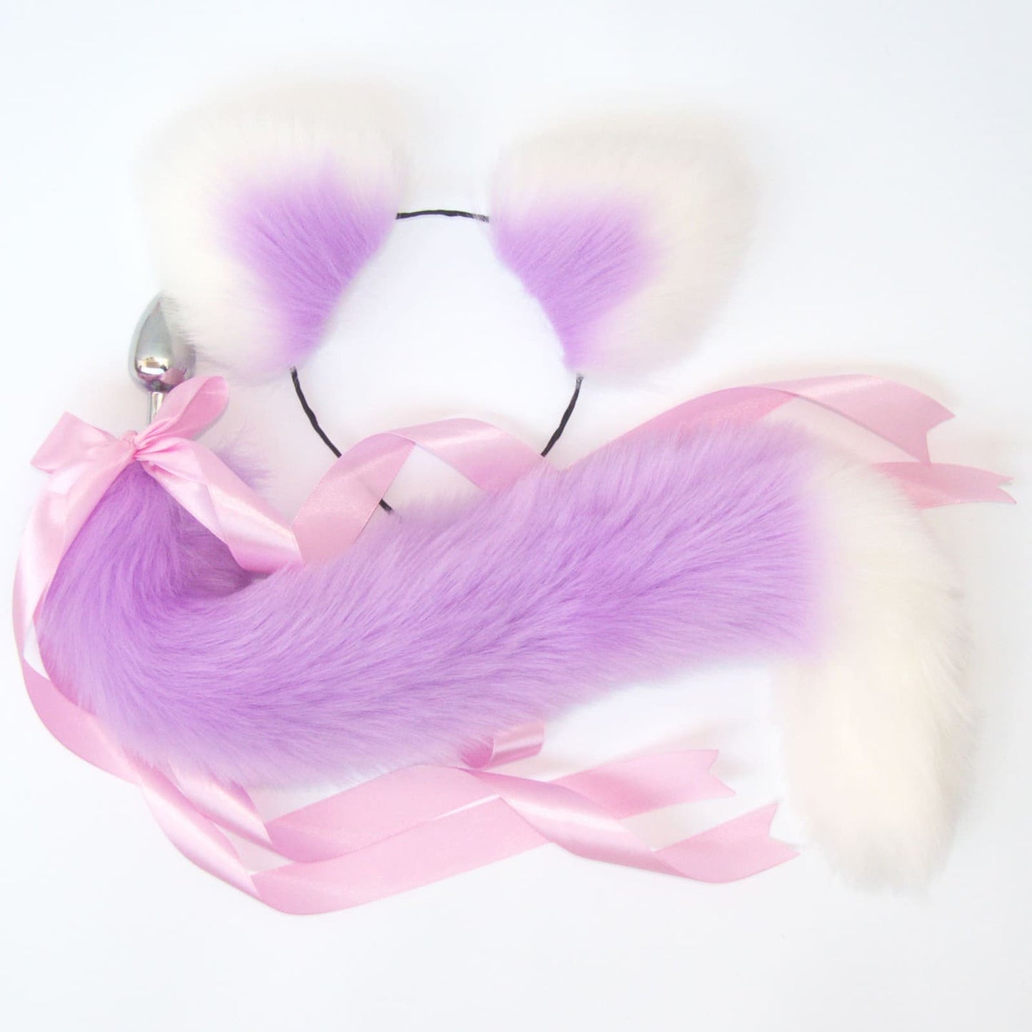 White and Pink Cat Tail & Ears Set (20" Tail) - Detachable Butt Plug
