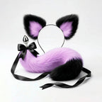 Furry faux fur purple and black cat tail butt plug and ears with a bow on a white background