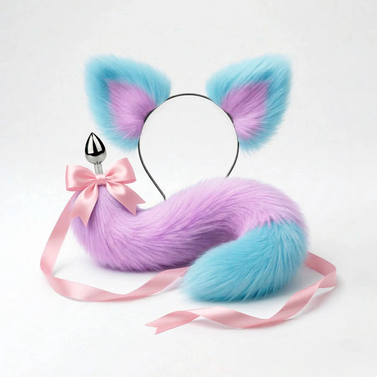 Furry faux fur purple and blue cat tail butt plug and ears with a bow on a white background