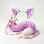 Furry faux fur purple and white cat tail butt plug and ears with a bow on a white background