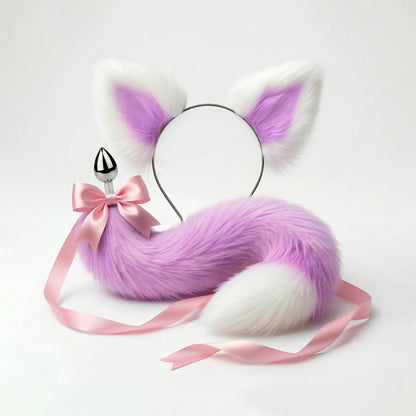 Furry faux fur purple and white cat tail butt plug and ears with a bow on a white background