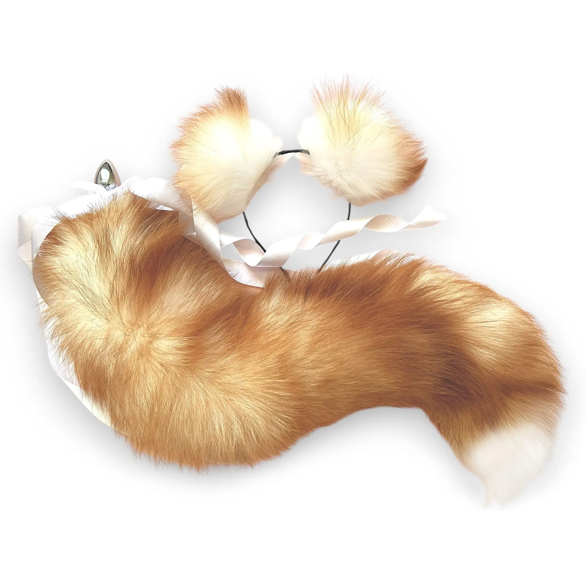 Lon Red fox tail butt plug and ears set, real fur, 28 inch, detachable stainless steel plug, luxury pet play cosplay accessory by OhMyBP™